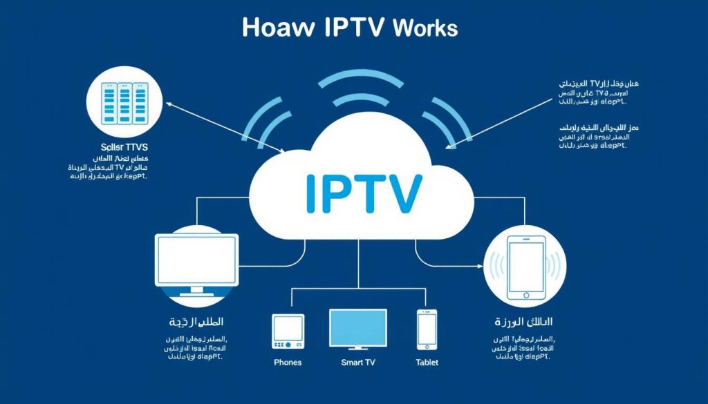 رسم توضيحي لكيفية عمل خدمات IPTV ونقل البث عبر الإنترنت