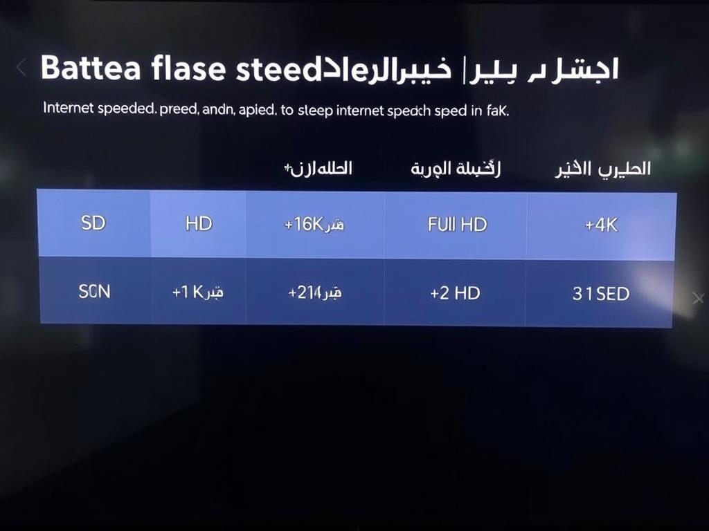 شاشة توضح متطلبات سرعة الإنترنت المختلفة لجودات البث المختلفة في خدمة IPTV